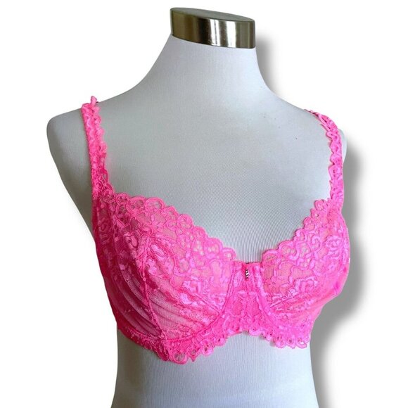 Victorias Secret 34DD Bra Pink Lace Unlined Demi Underwire Sheer - Picture 1 of 8